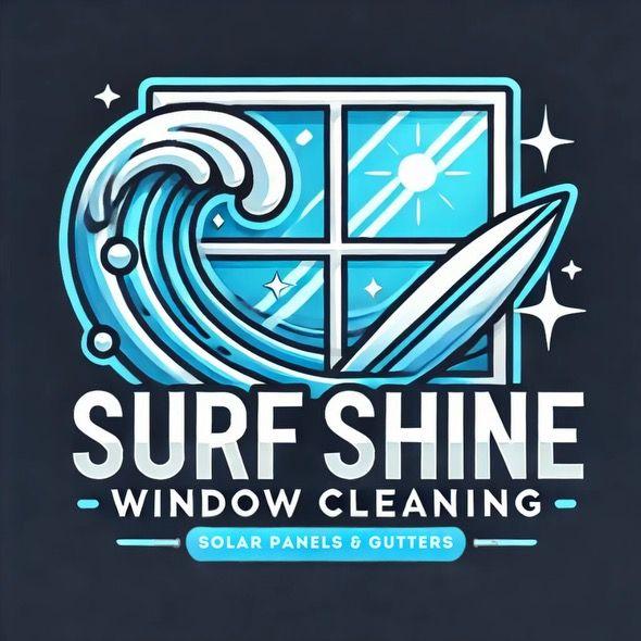 Logo for Surf Shine Window Cleaning featuring a wave, surfboard, and sunlit window.