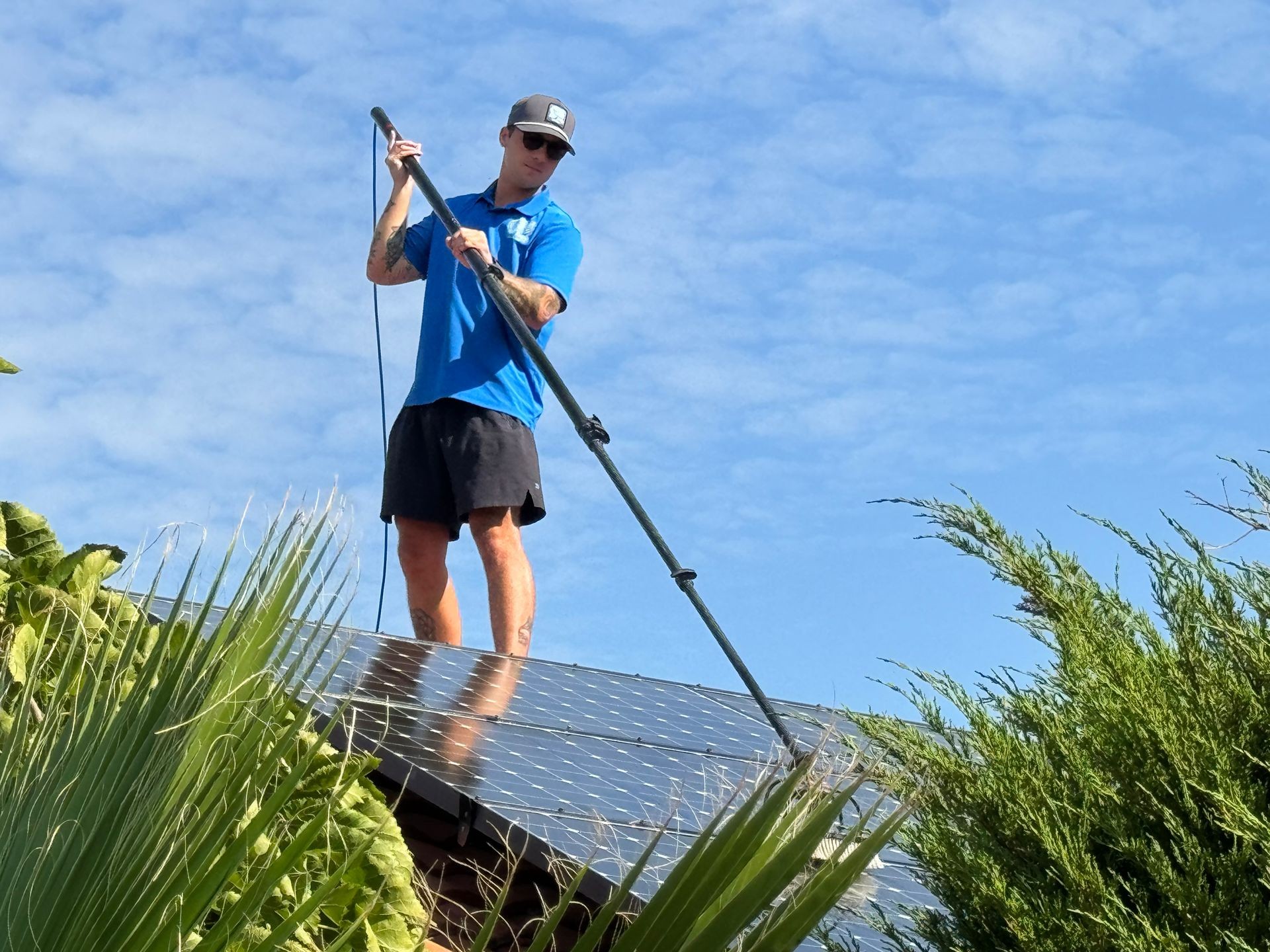 Person cleaning solar panels on a roof with a brush, surrounded by greenery under a blue sky.